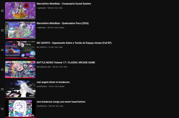 Breakcore, Hexd, Trance, EDM, Acid, Synthwave, Cybercria, Splittercore, Speedcore, entre outras músicas que coçam o cérebro